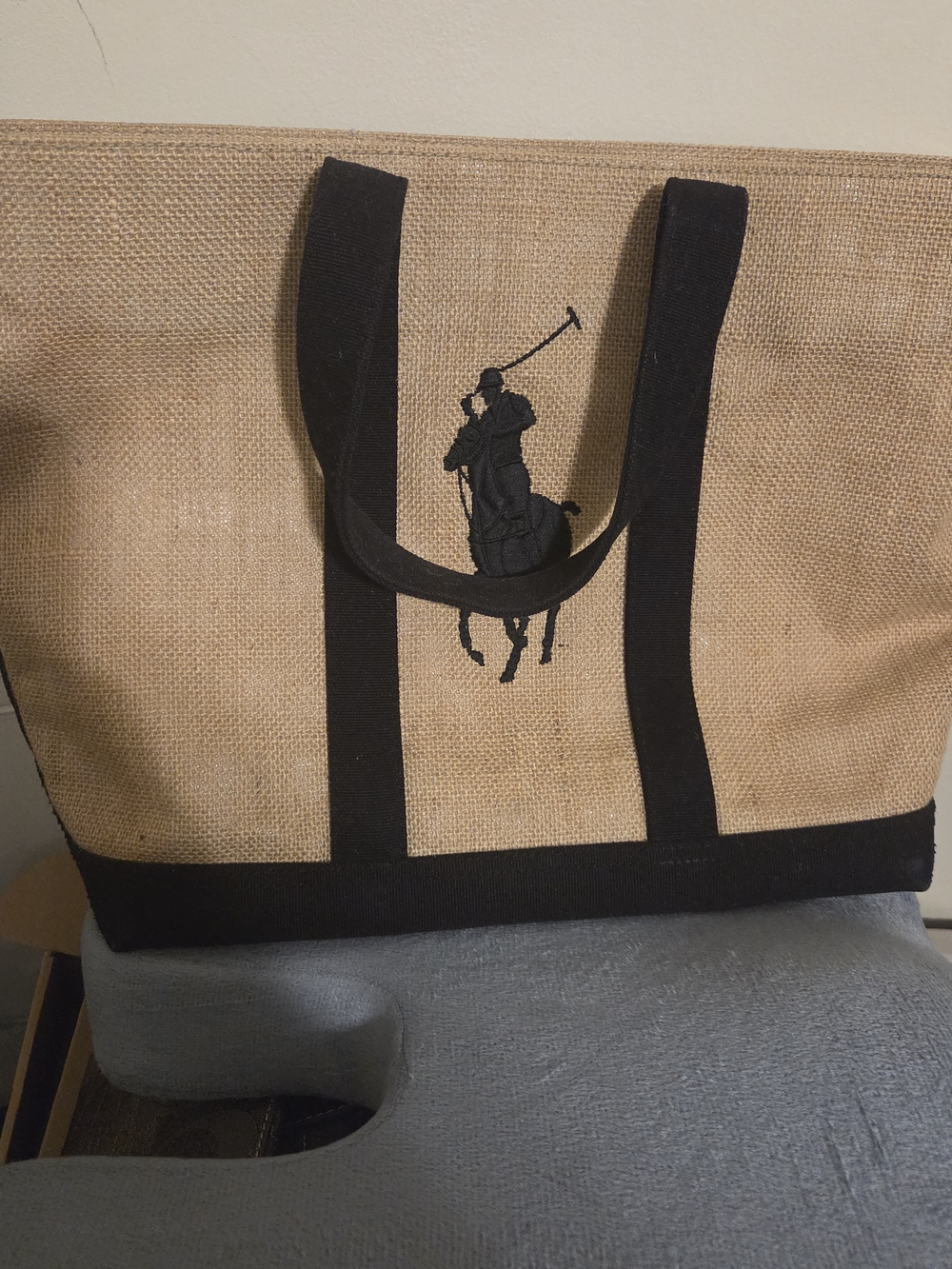 Ralph Lauren Canvas Tote Bag with Polo Player Embroidery - Black and Natural